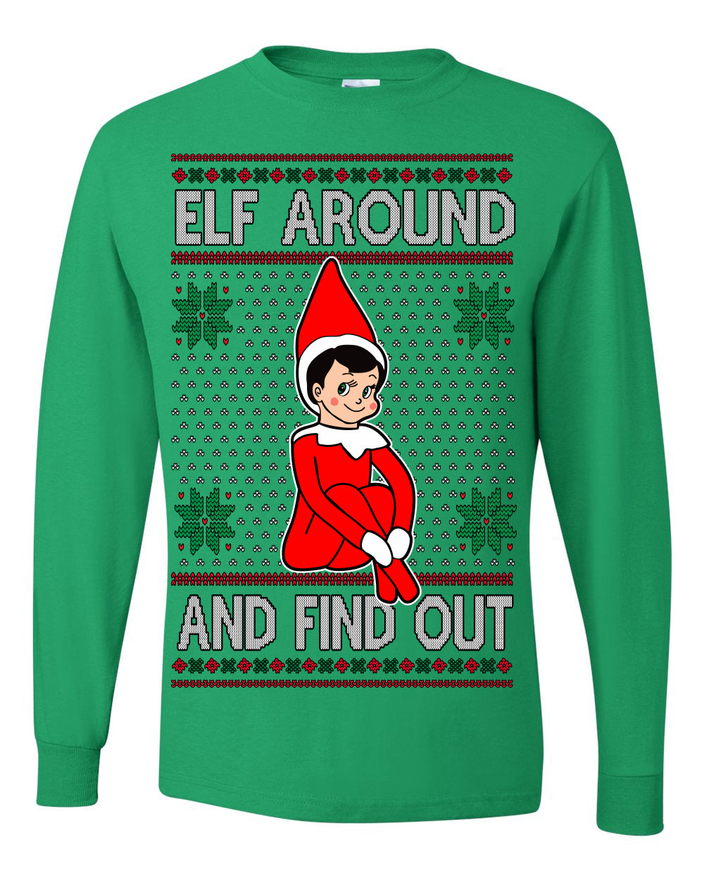 Elf Around and Find Out Funny Gift Toy on a Shelf, Classic Viral Winter Holidays Xmas Meme Ugly Christmas Sweater Ugly Christmas Mens Long Sleeve Shirt