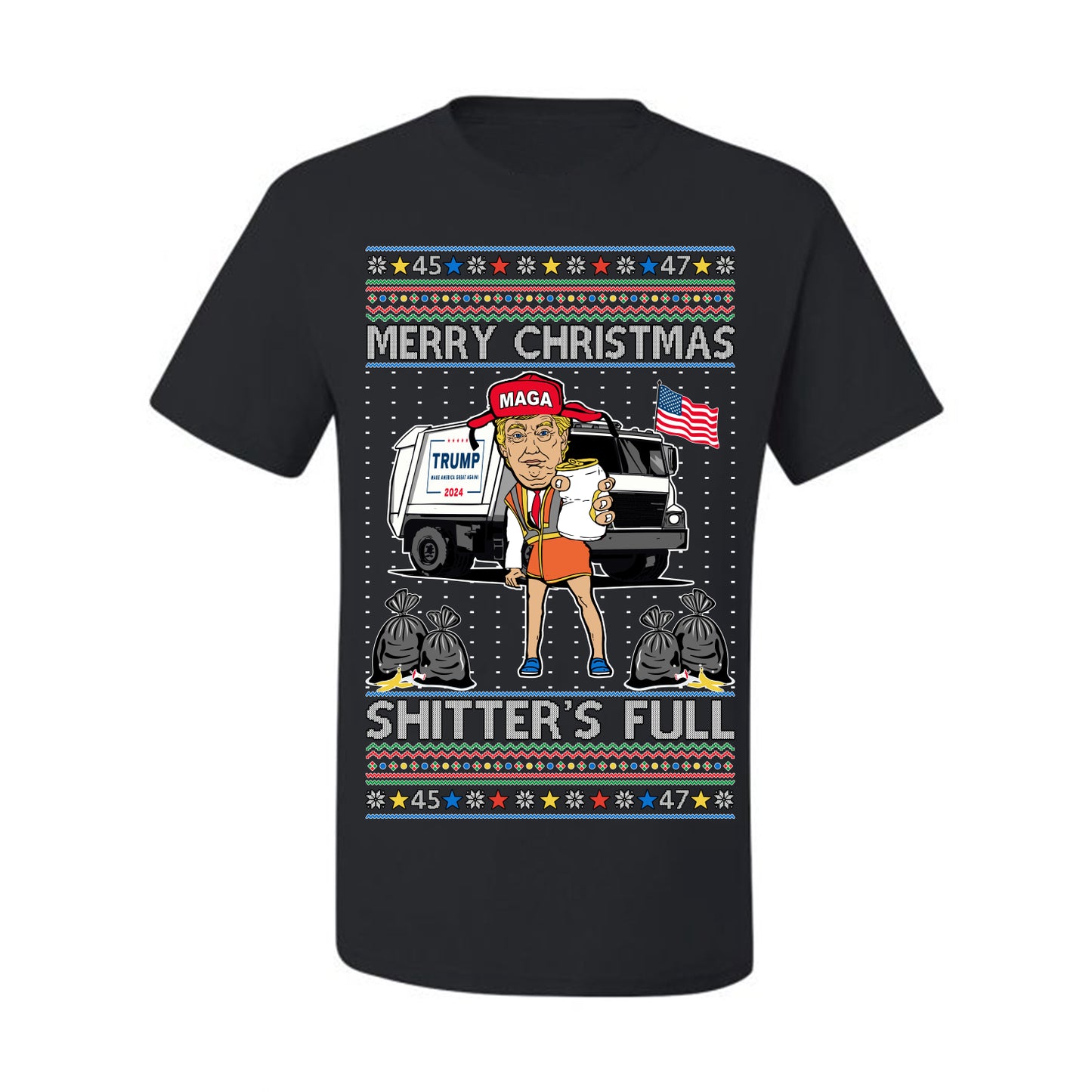 Donald Trump Merry Christmas Shitter's Full, Cousin Eddie Christmas Vacation Garbage for Trump Funny Viral Meme, Ugly Christmas Sweater Ugly Christmas Men's T-Shirt