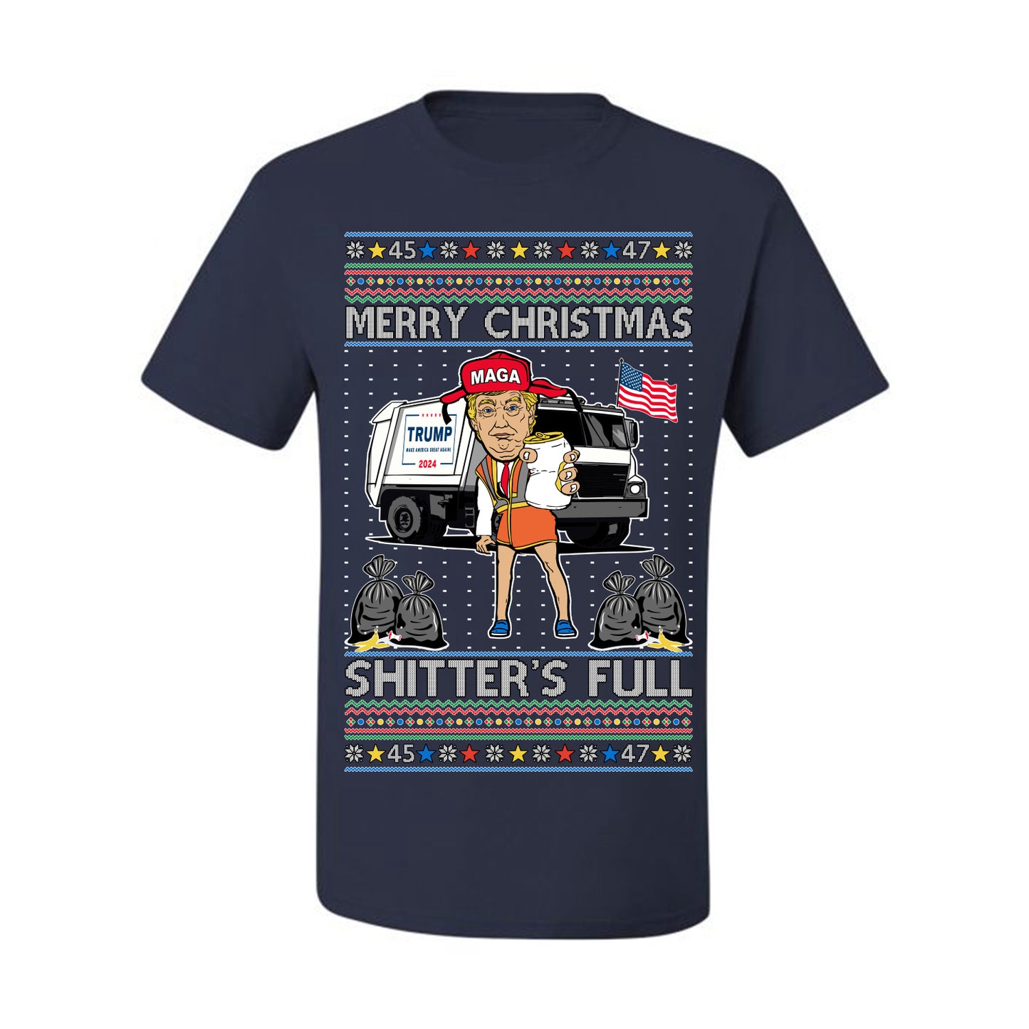 Donald Trump Merry Christmas Shitter's Full, Cousin Eddie Christmas Vacation Garbage for Trump Funny Viral Meme, Ugly Christmas Sweater Ugly Christmas Men's T-Shirt