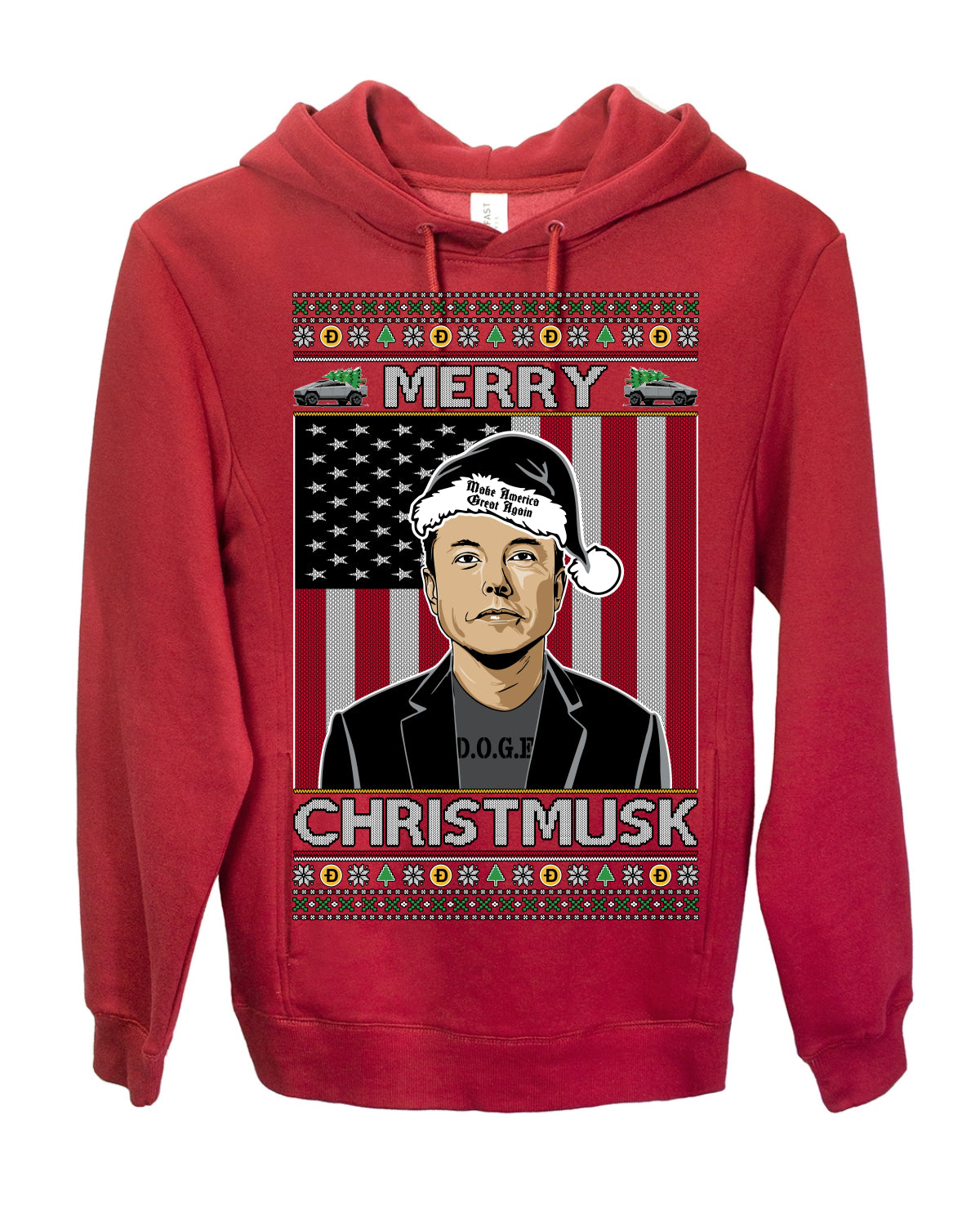 Merry Christmusk Funny Dark MAGA Santa Elon Doge Meme, Crypto Dogecoin America First USA Republican Ugly Christmas Sweater Ugly Christmas Premium Side-Pocket Hoodie Sweatshirt