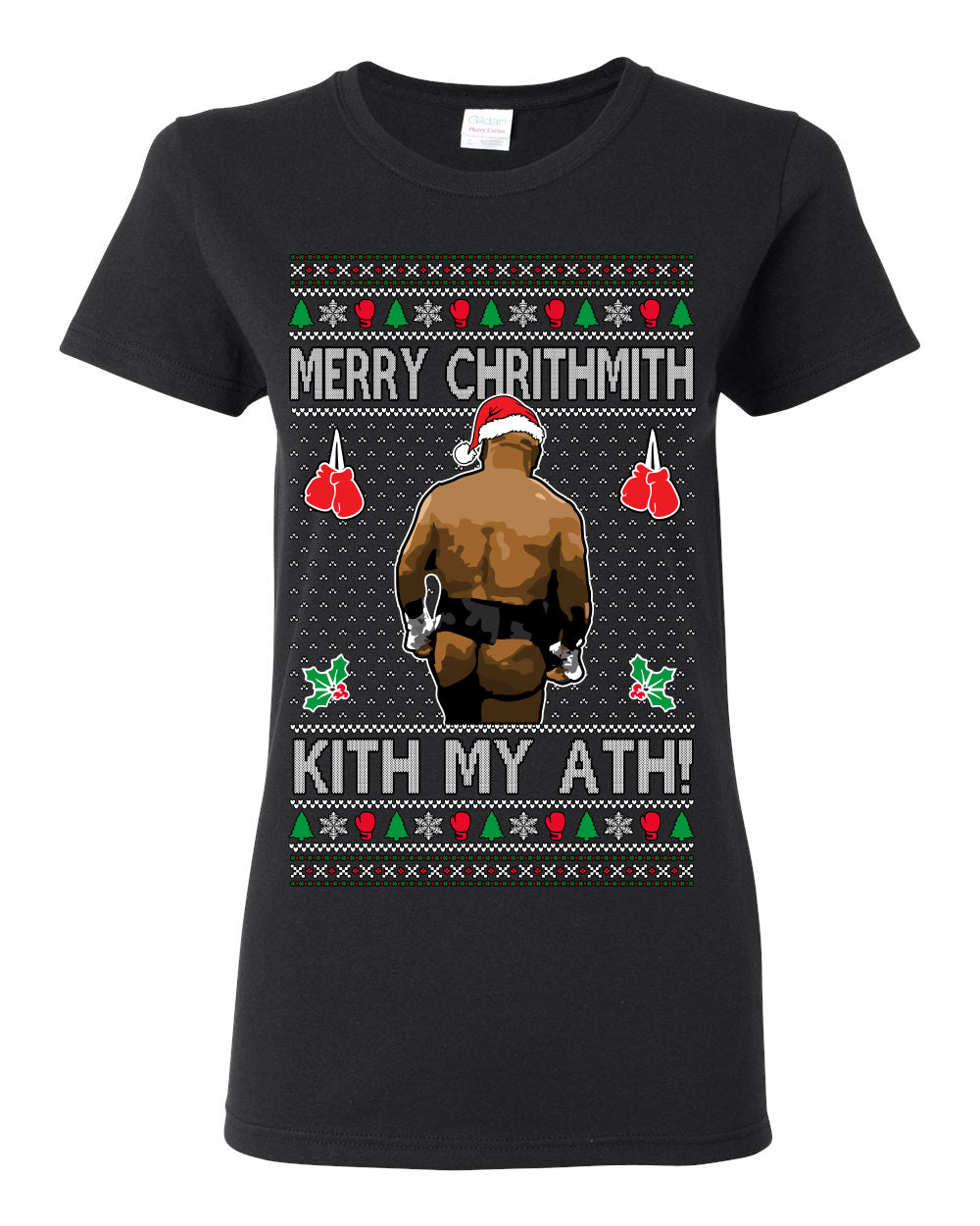 Merry Chrithmith Kith My Ath, Mike Tyson Butt Viral Kiss My Ass Boxing Fight Meme, Men Women Funny Ugly Christmas Sweater Ugly Christmas Womens Graphic T-Shirt