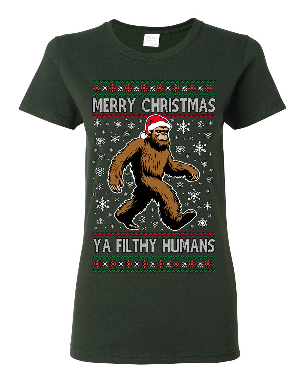 Merry Christmas Ya Filthy Humans Funny Sasquatch, UFO Conspiracy Theory Y2K Big Foot Supernatural Theorist Bigfoot Ugly Christmas Sweater Ugly Christmas Womens Graphic T-Shirt