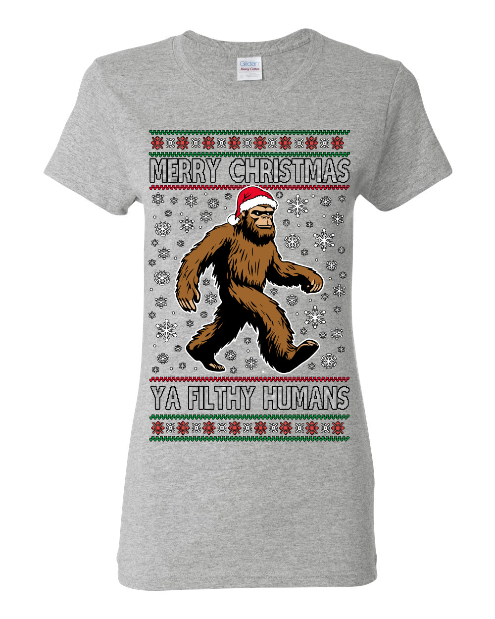 Merry Christmas Ya Filthy Humans Funny Sasquatch, UFO Conspiracy Theory Y2K Big Foot Supernatural Theorist Bigfoot Ugly Christmas Sweater Ugly Christmas Womens Graphic T-Shirt