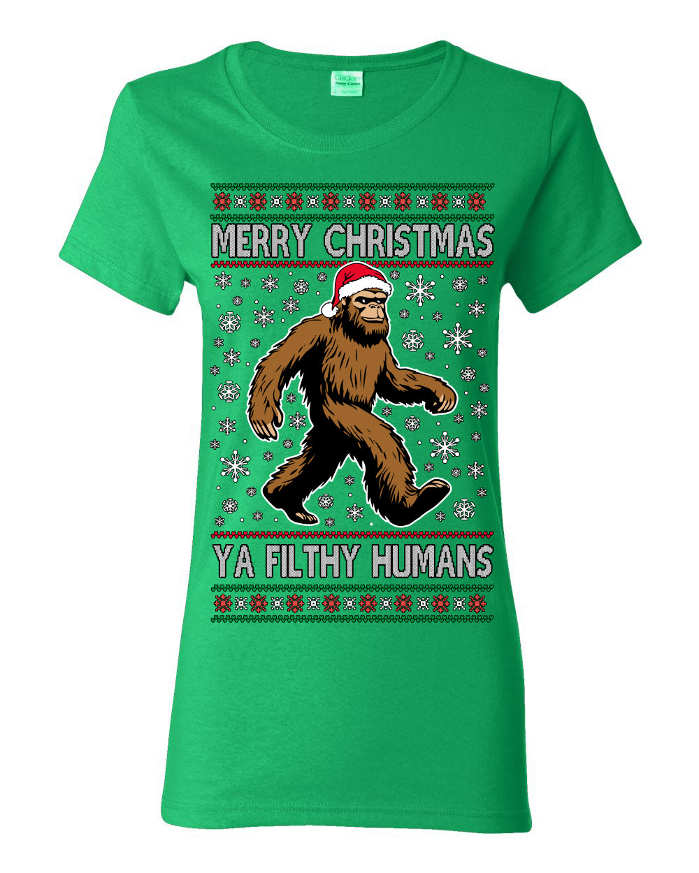 Merry Christmas Ya Filthy Humans Funny Sasquatch, UFO Conspiracy Theory Y2K Big Foot Supernatural Theorist Bigfoot Ugly Christmas Sweater Ugly Christmas Womens Graphic T-Shirt