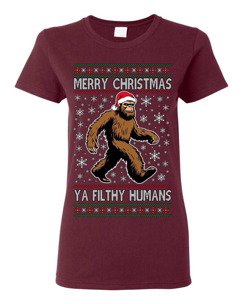 Merry Christmas Ya Filthy Humans Funny Sasquatch, UFO Conspiracy Theory Y2K Big Foot Supernatural Theorist Bigfoot Ugly Christmas Sweater Ugly Christmas Womens Graphic T-Shirt