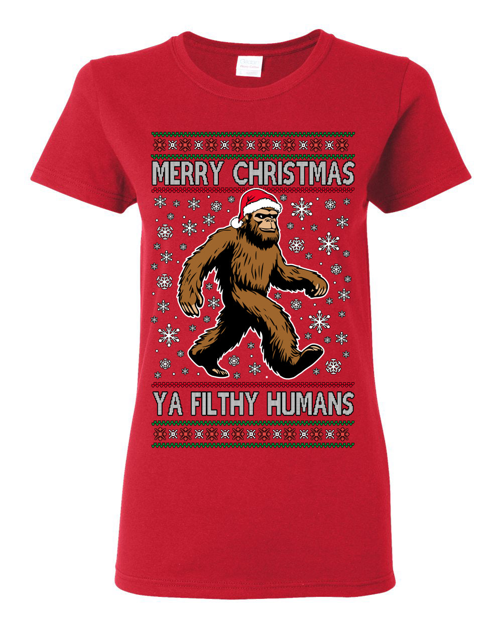 Merry Christmas Ya Filthy Humans Funny Sasquatch, UFO Conspiracy Theory Y2K Big Foot Supernatural Theorist Bigfoot Ugly Christmas Sweater Ugly Christmas Womens Graphic T-Shirt