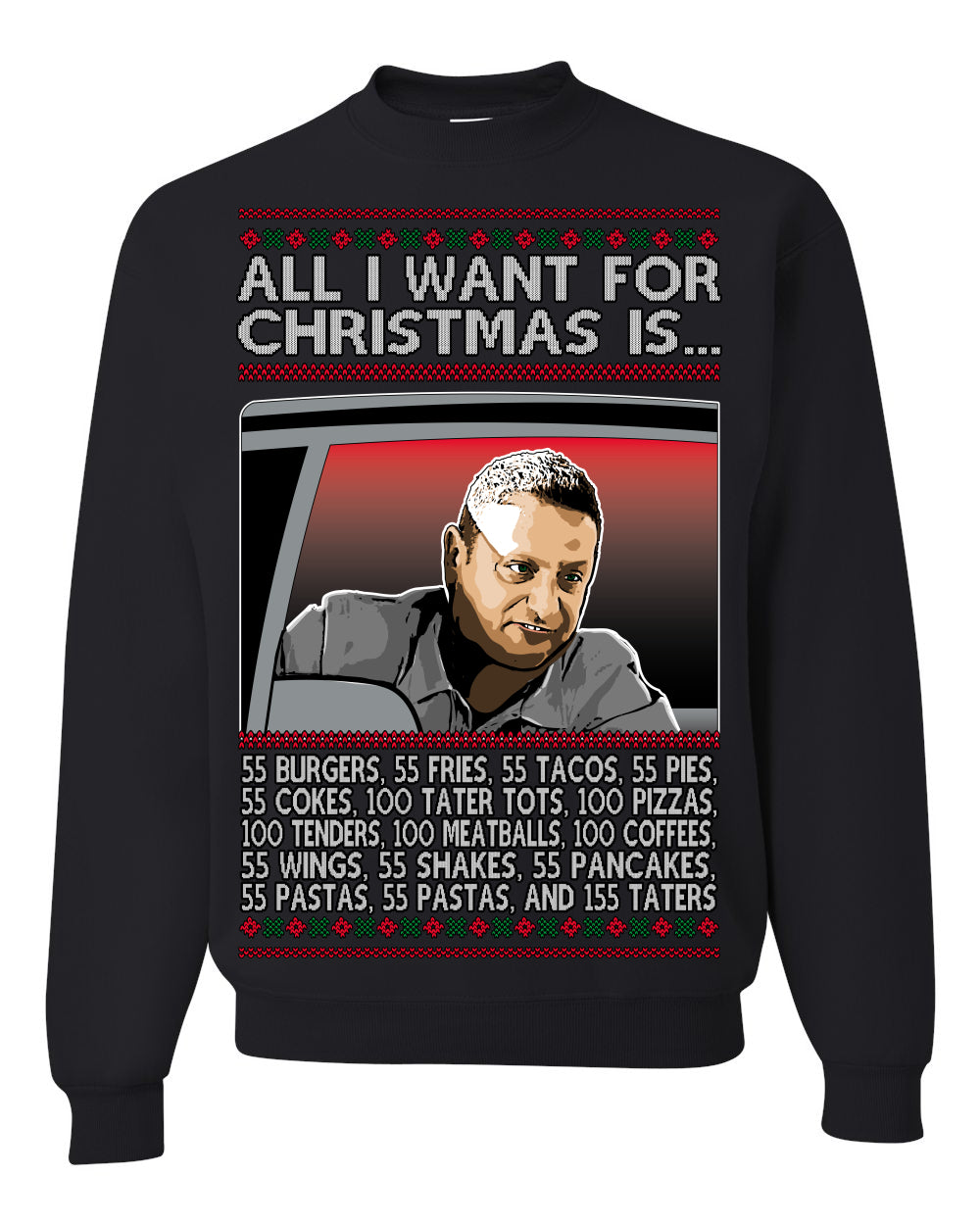 All I Want for Christmas Is 55 Burgers 55 Fries 55 Tacos 55 Pies, Funny Viral I Think Tim TV Show Gen Z Alpha Brainrot Meme Ugly Christmas Sweater Ugly Christmas Unisex Crewneck Sweatshirt