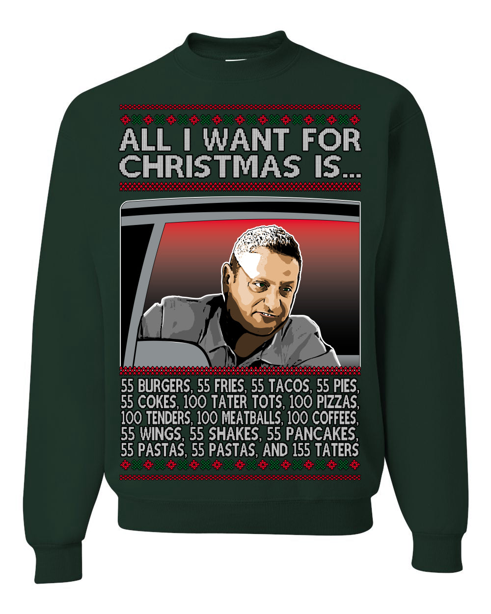All I Want for Christmas Is 55 Burgers 55 Fries 55 Tacos 55 Pies, Funny Viral I Think Tim TV Show Gen Z Alpha Brainrot Meme Ugly Christmas Sweater Ugly Christmas Unisex Crewneck Sweatshirt