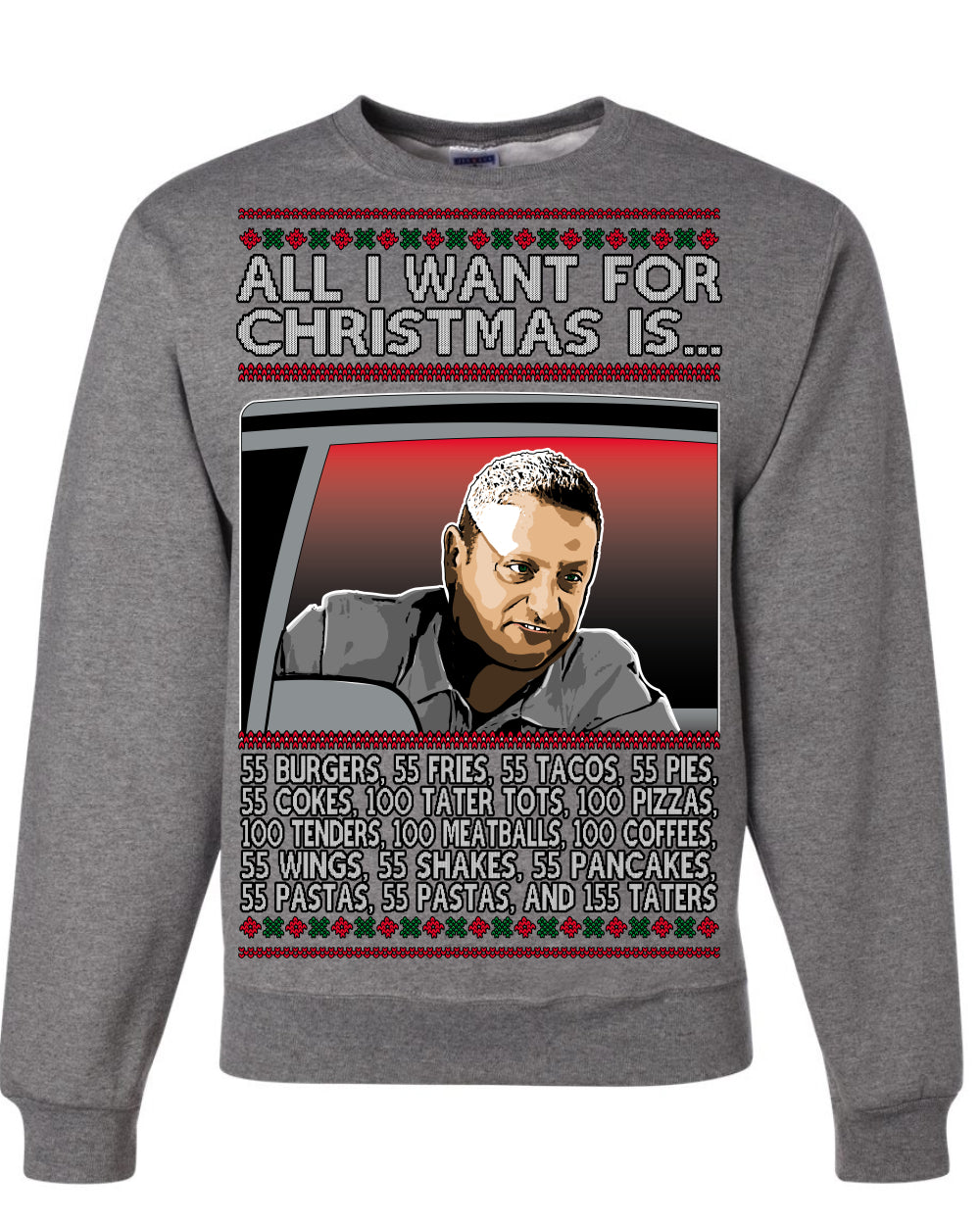All I Want for Christmas Is 55 Burgers 55 Fries 55 Tacos 55 Pies, Funny Viral I Think Tim TV Show Gen Z Alpha Brainrot Meme Ugly Christmas Sweater Ugly Christmas Unisex Crewneck Sweatshirt