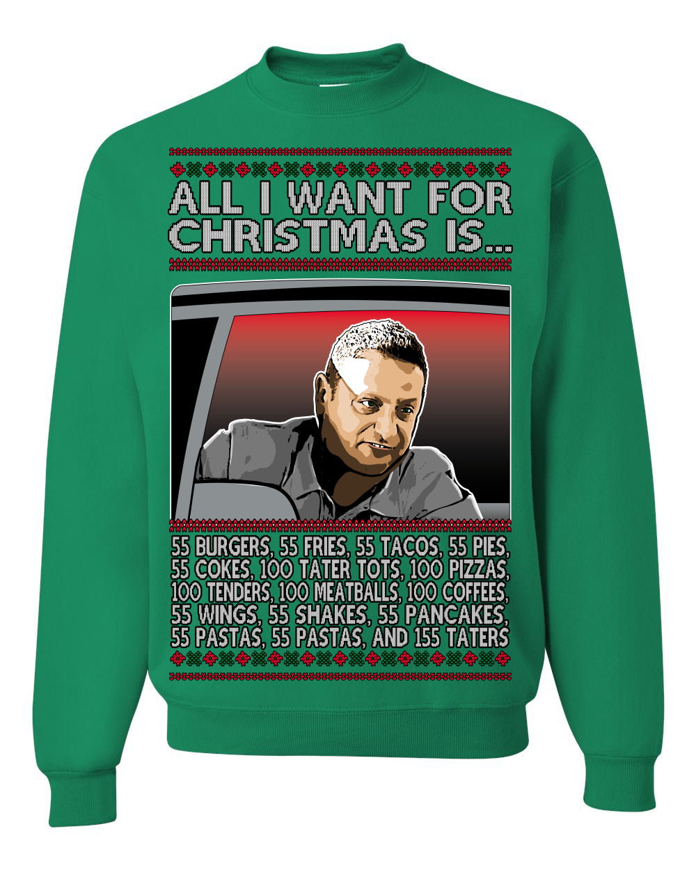 All I Want for Christmas Is 55 Burgers 55 Fries 55 Tacos 55 Pies, Funny Viral I Think Tim TV Show Gen Z Alpha Brainrot Meme Ugly Christmas Sweater Ugly Christmas Unisex Crewneck Sweatshirt