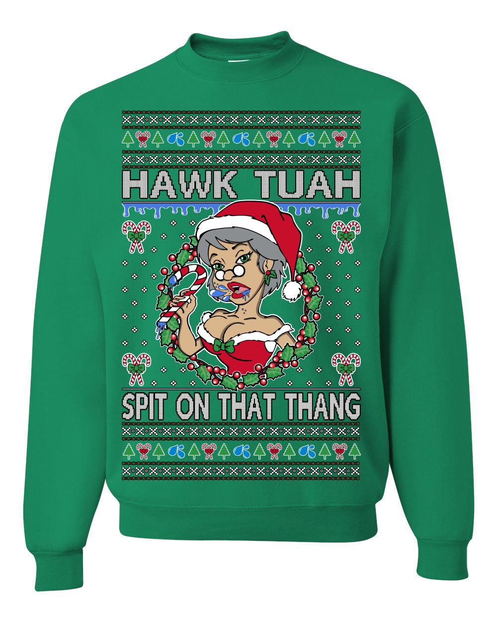 Hawk Tuah Spit On That Thang, Viral Hilarious Candy Cane Mrs Claus Funny Naughty Suck Meme, Ugly Christmas Sweater Ugly Christmas Unisex Crewneck Sweatshirt