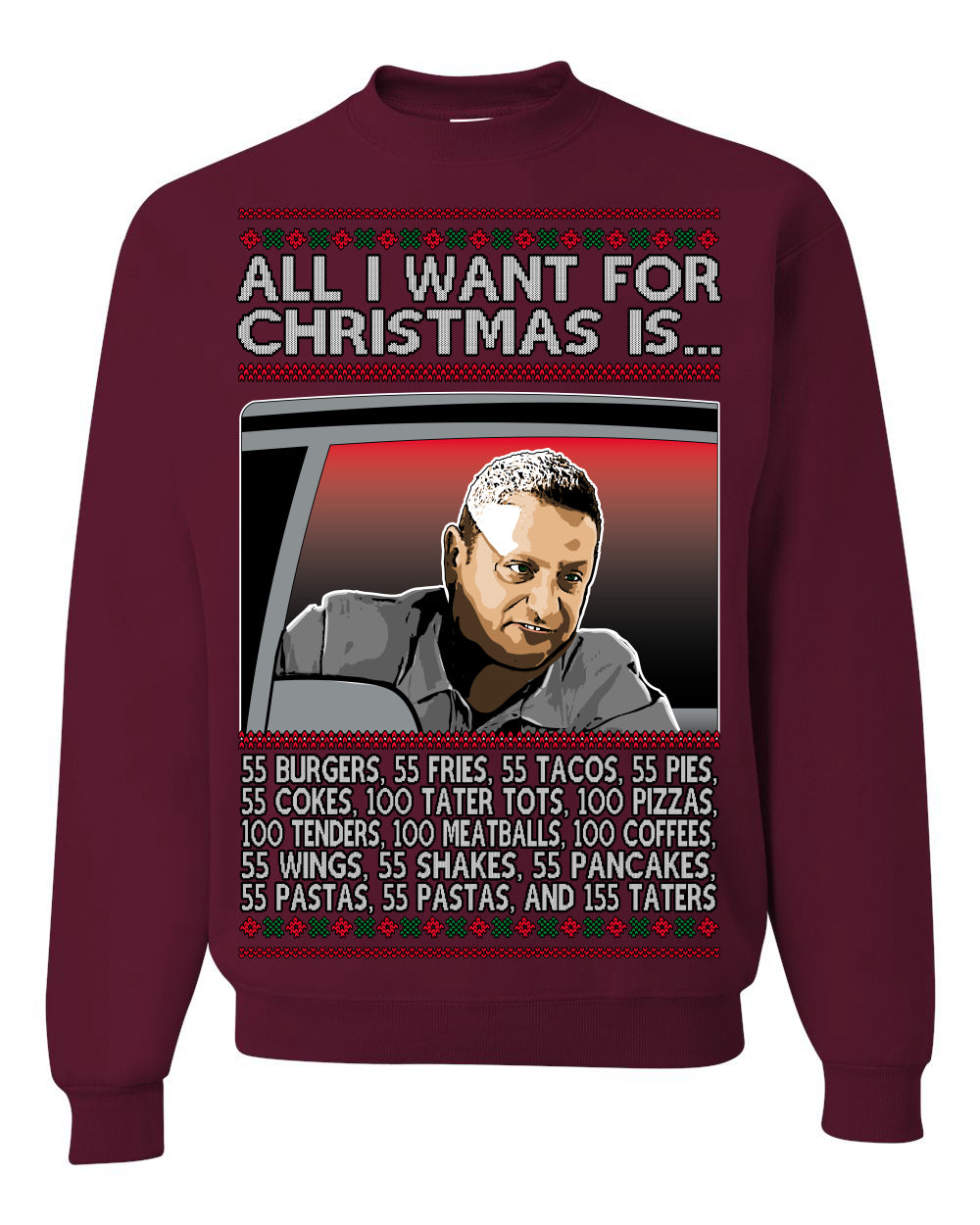 All I Want for Christmas Is 55 Burgers 55 Fries 55 Tacos 55 Pies, Funny Viral I Think Tim TV Show Gen Z Alpha Brainrot Meme Ugly Christmas Sweater Ugly Christmas Unisex Crewneck Sweatshirt