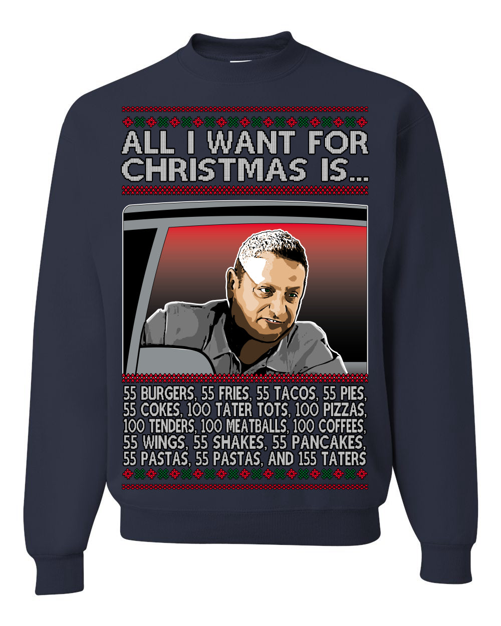All I Want for Christmas Is 55 Burgers 55 Fries 55 Tacos 55 Pies, Funny Viral I Think Tim TV Show Gen Z Alpha Brainrot Meme Ugly Christmas Sweater Ugly Christmas Unisex Crewneck Sweatshirt