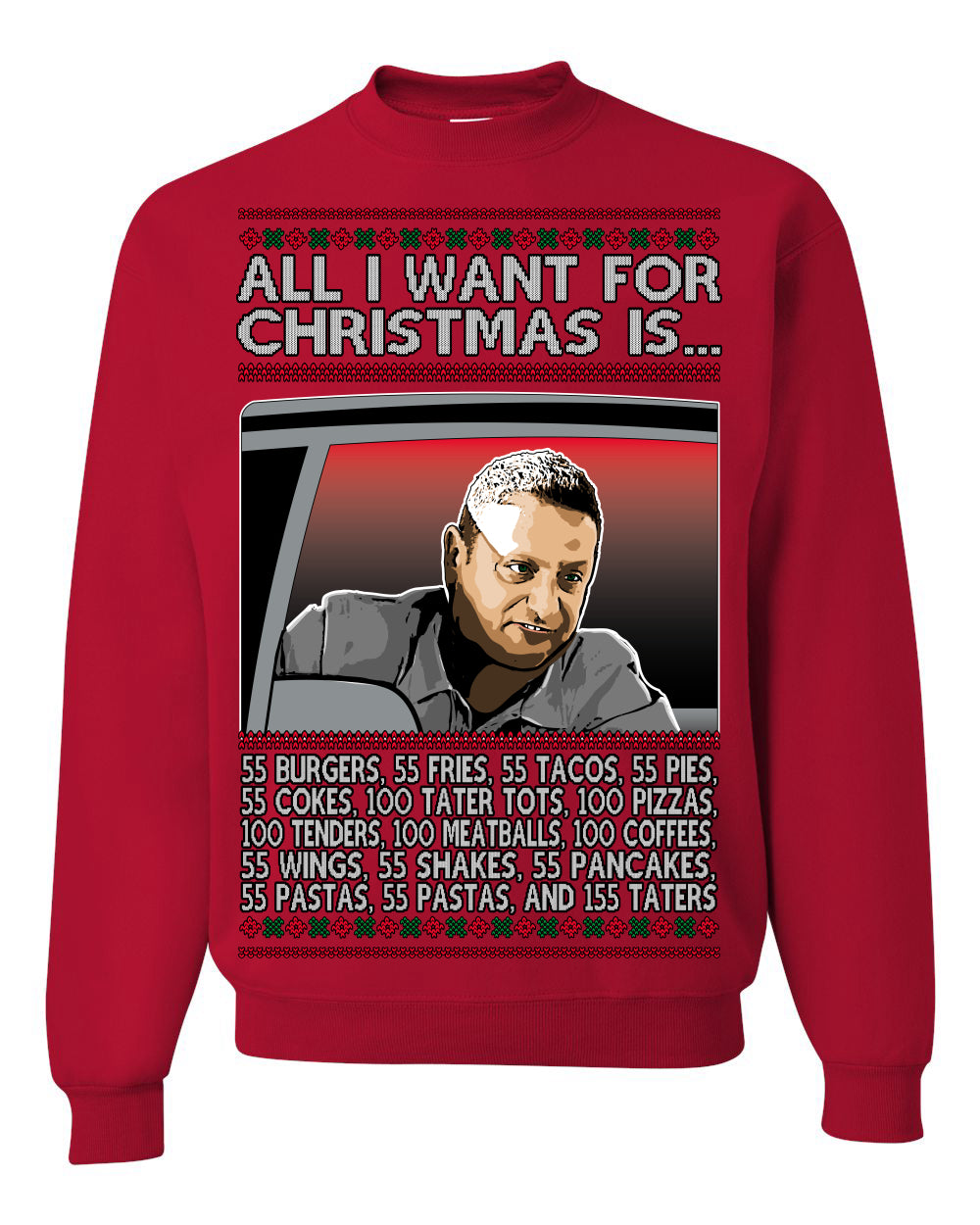 All I Want for Christmas Is 55 Burgers 55 Fries 55 Tacos 55 Pies, Funny Viral I Think Tim TV Show Gen Z Alpha Brainrot Meme Ugly Christmas Sweater Ugly Christmas Unisex Crewneck Sweatshirt