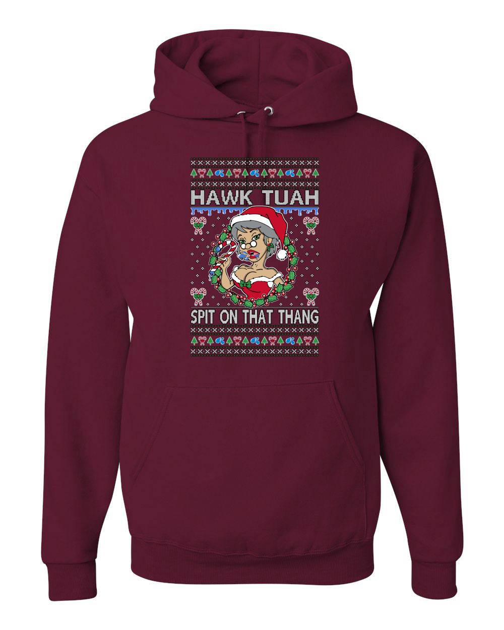 Hawk Tuah Spit On That Thang, Viral Hilarious Candy Cane Mrs Claus Funny Naughty Suck Meme, Ugly Christmas Sweater Ugly Christmas Unisex Hoodie Sweatshirt