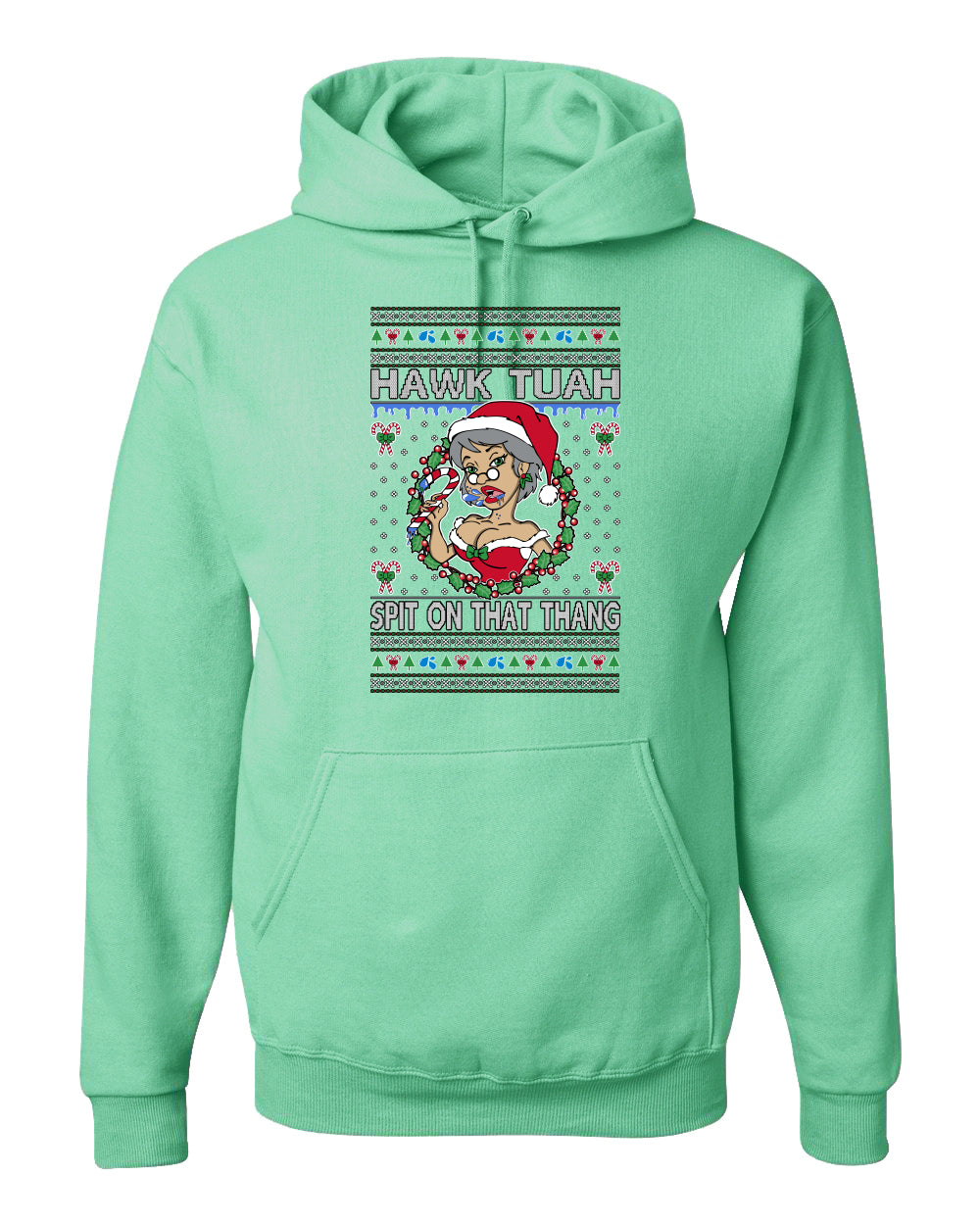 Hawk Tuah Spit On That Thang, Viral Hilarious Candy Cane Mrs Claus Funny Naughty Suck Meme, Ugly Christmas Sweater Ugly Christmas Unisex Hoodie Sweatshirt