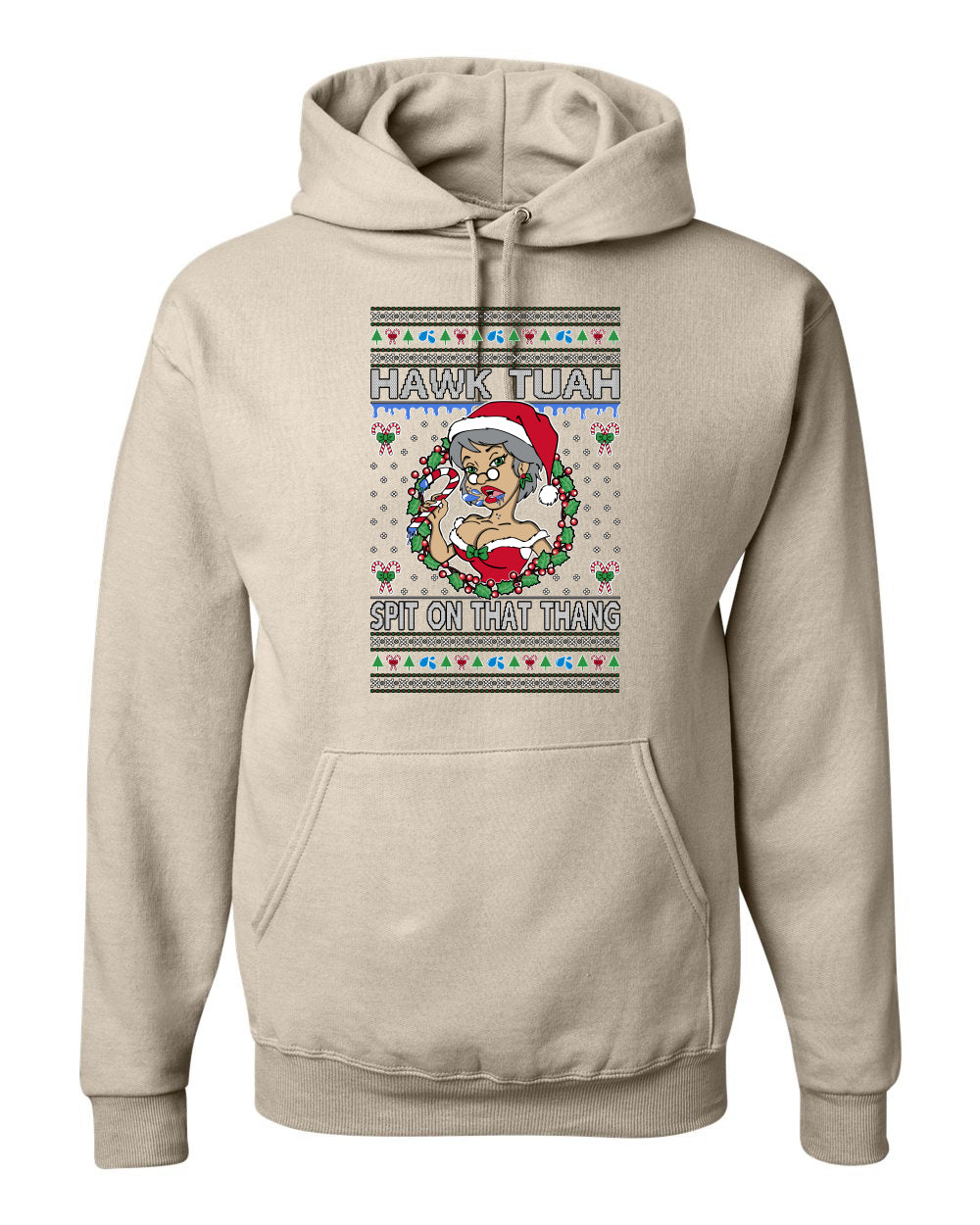Hawk Tuah Spit On That Thang, Viral Hilarious Candy Cane Mrs Claus Funny Naughty Suck Meme, Ugly Christmas Sweater Ugly Christmas Unisex Hoodie Sweatshirt